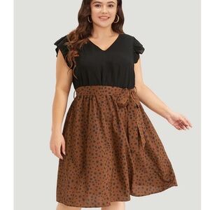 Leopard Patchwork Pocket Belt Ruffle Dress (BROWN)